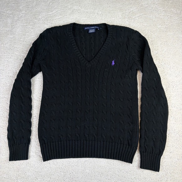 Ralph Lauren Sweaters - Women's Ralph Lauren Sport Large Black Cotton Cable Knute V Neck Sweater Preppy
